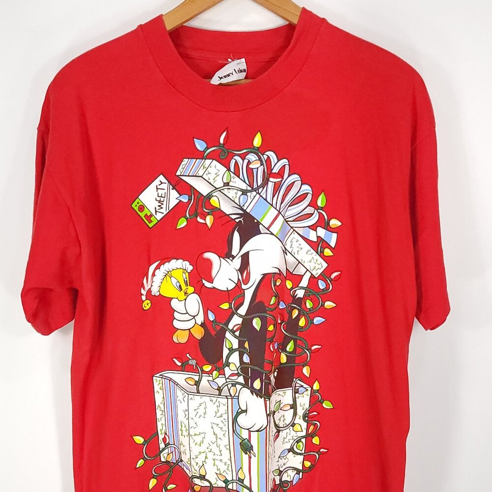 Vtg Sylvester Tweety Bird Christmas Graphic T-Shirt Men's XL? Red Jerry Leigh